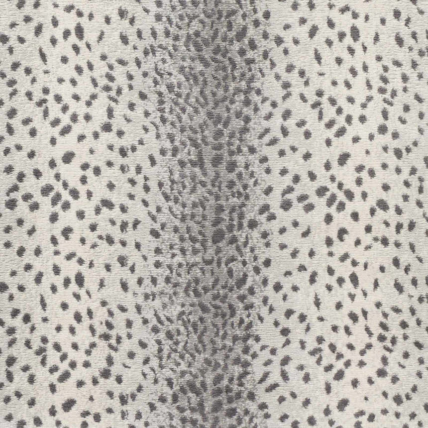Close-up of Pointblank Gray Antelope Print Rug. Charcoal gray spots on an ivory and light gray, machine woven rug. Swatch