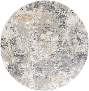 Round Lenzburg Faux Silk Abstract Rug with a contemporary charcoal, gray, and mustard pattern. Viscose texture. Design-Round-710