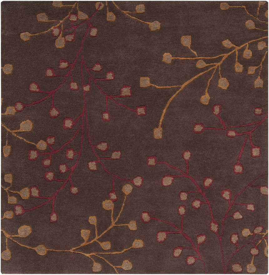 Close-up of the Brown Elsu Area Rug, a wool rug with a floral pattern in brown, burgundy, and gold. Design-Square-4