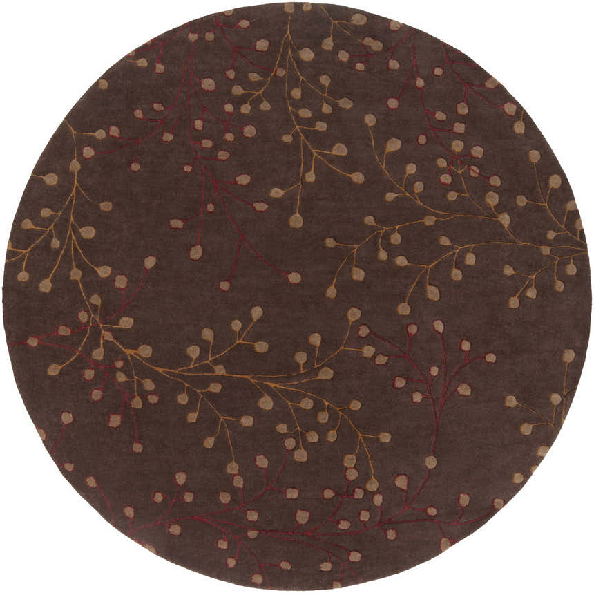 Close-up of round Brown Elsu Area Rug. Hand-tufted wool rug with brown, burgundy, and tan floral design. Design-Round-8