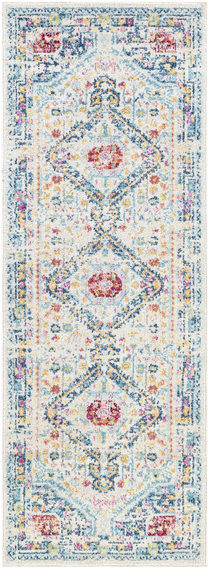 Detailed Leslie Area Rug runner with farmhouse style, aqua, burnt orange, and navy traditional pattern. Design-Runner-2773
