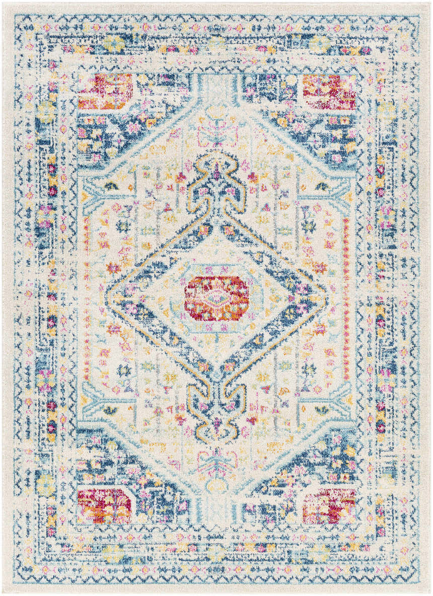 Close-up of the Leslie Area Rug, a farmhouse style runner with aqua, orange, gray, and navy traditional patterns. Design-Rectangle-5373