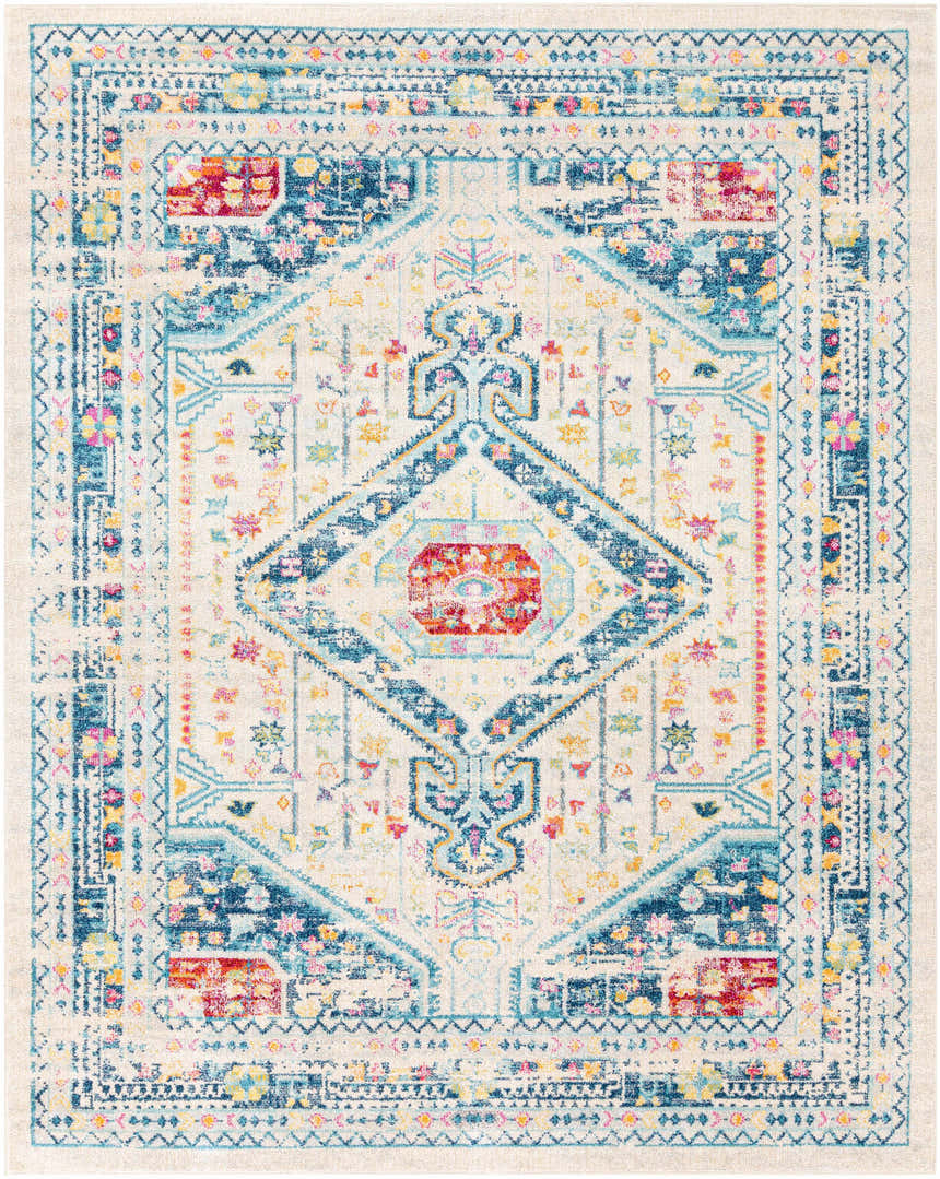 Close-up of the Leslie Area Rug, a machine-woven runner with a traditional pattern in aqua, burnt orange, and navy on an off-white base. Design-Rectangle-710103