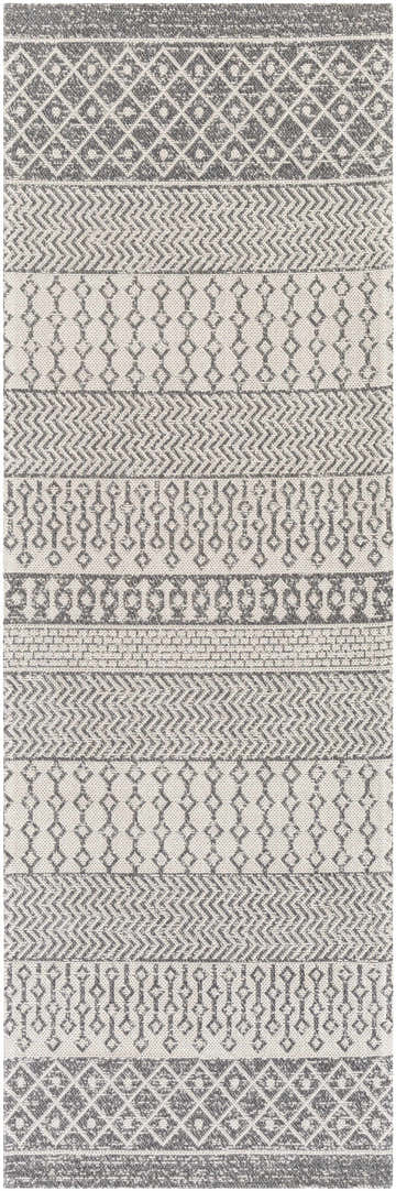 Close-up of the Lester Washable Area Rug, showcasing its charcoal, gray, and white bohemian-inspired geometric pattern. Design-Runner-2773