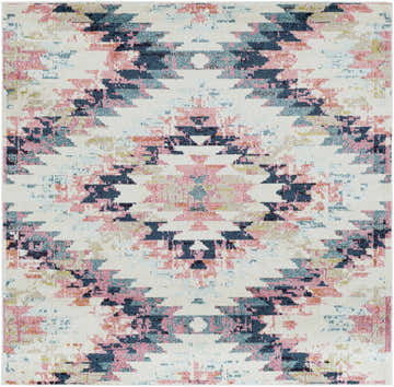 Close-up of the Lewisberry Area Rug, a machine-woven rug with a Southwestern-inspired geometric pattern in aqua, pink, and navy. Design-Square-67