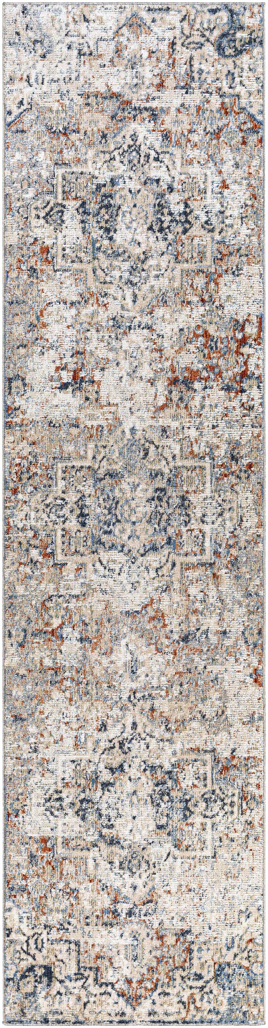 Close-up of the Loughrea Area Rug, a machine-woven rug with a traditional pattern in cream, denim, rust, and gray. Design-Runner-2610