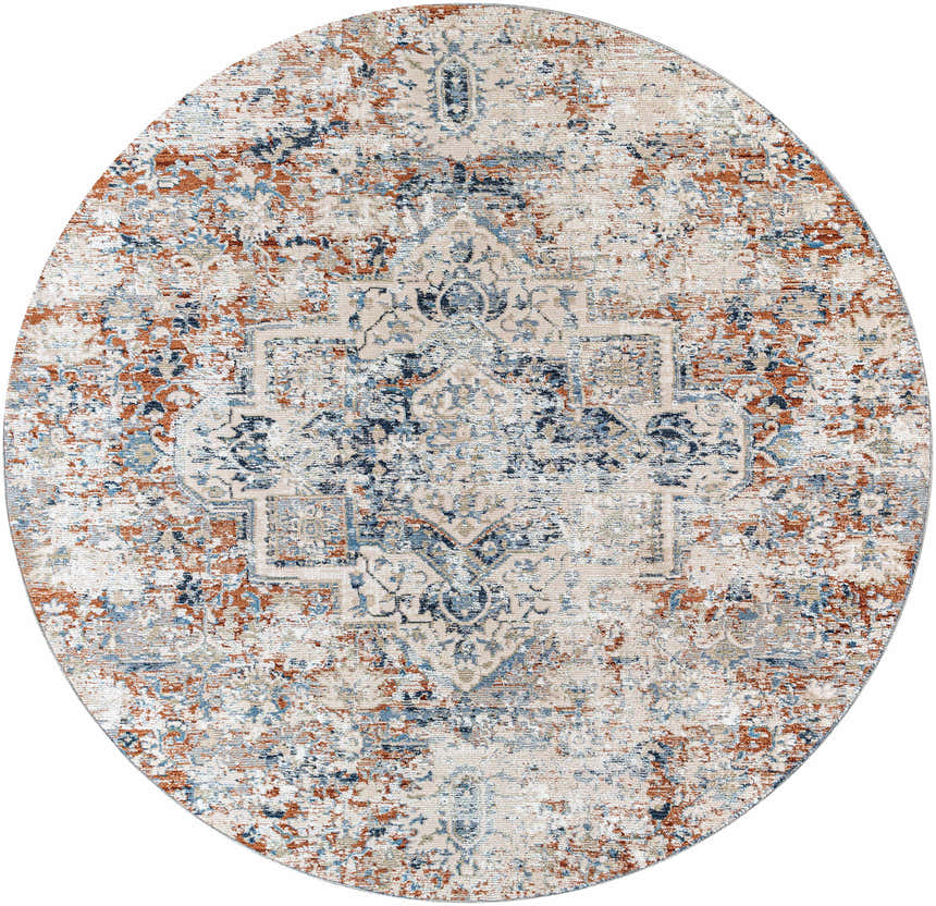 Round Loughrea Area Rug with a cream base and brick red, denim, and gray traditional-style pattern. Design-Round-710