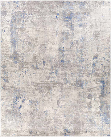 Close-up of the Loganholme Area Rug. Contemporary style with a gray, white, and blue abstract pattern. Rectangle shape. Design-Rectangle-71010