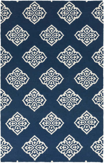 Close-up of the Lightfoot Area Rug. Navy wool rug with a repeating ivory geometric diamond pattern. Design-Rectangle-58