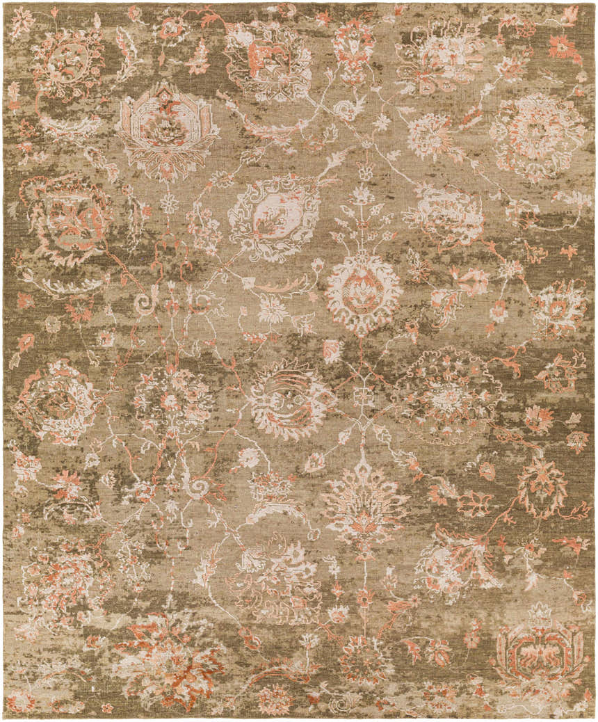 Close-up of the Limay Premium Wool Rug. Hand-knotted rug with a floral pattern in olive, taupe, beige, and coral tones. Design-Rectangle-810