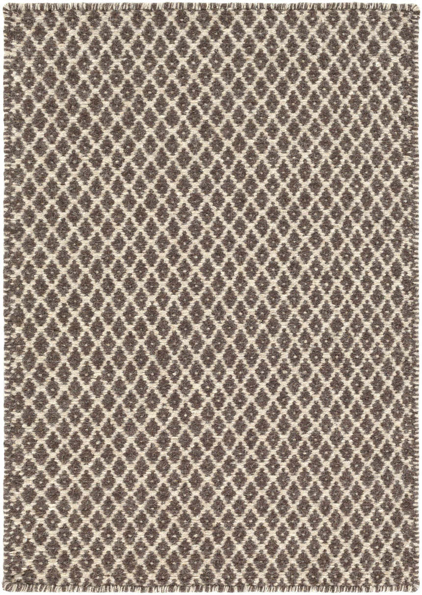 Close-up of Lingo Brown Trellis Flatweave Rug. Dark brown and oatmeal diamond trellis pattern, hand woven wool texture. Design-Rectangle-23