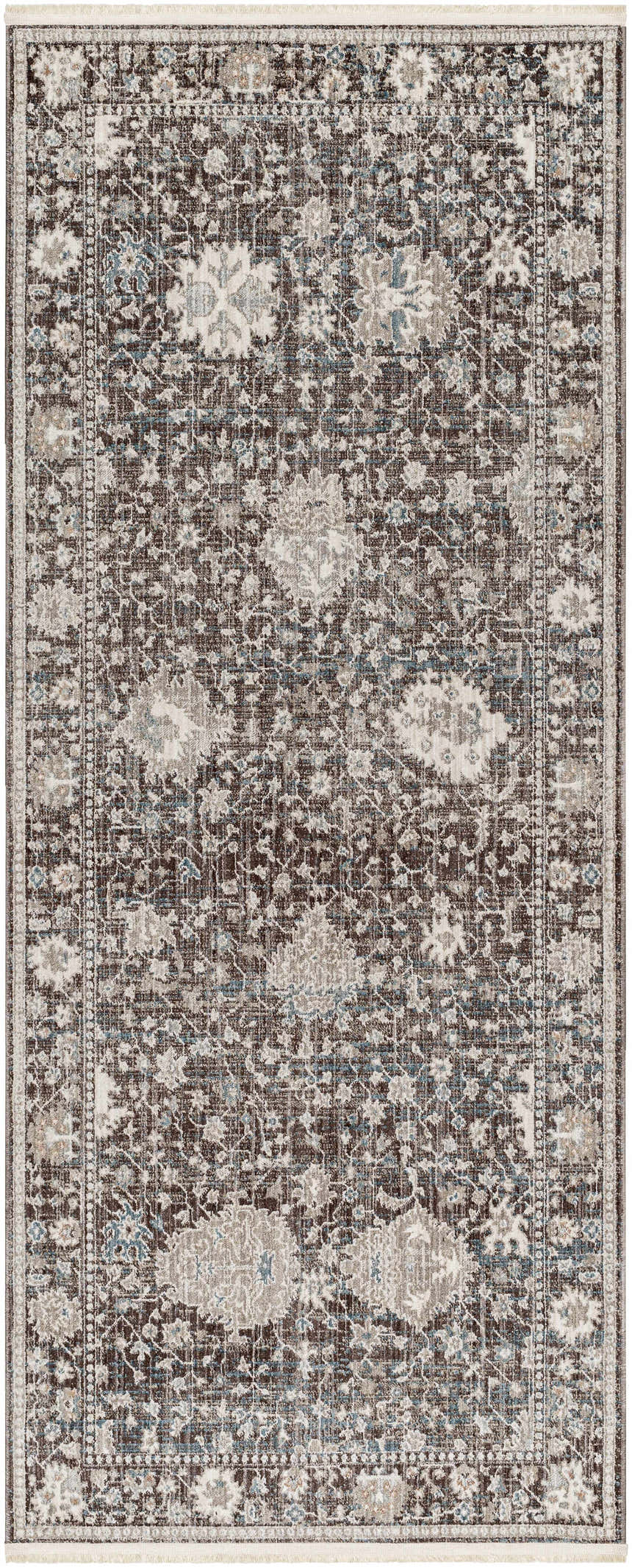 Close-up of the Linmansangan Area Rug showing its dark brown, ivory, and pale blue traditional floral pattern. Design-Runner