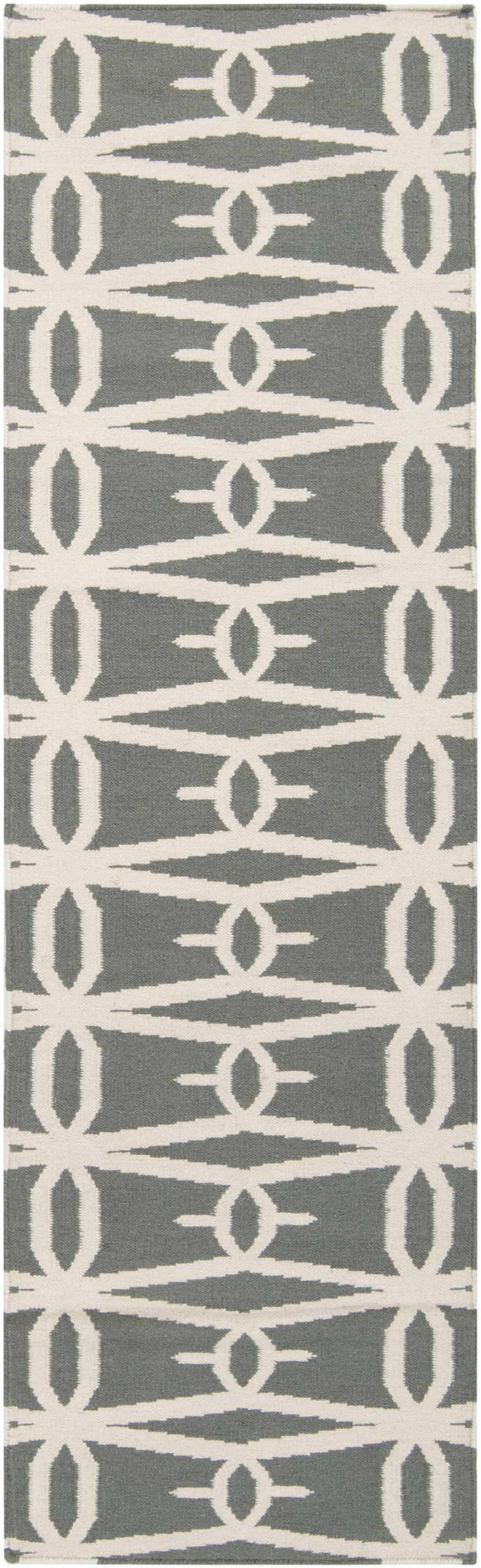 Close-up of the Lipan Area Rug. Hand-woven wool rug in charcoal and ivory with a contemporary geometric pattern. Design-Runner-268