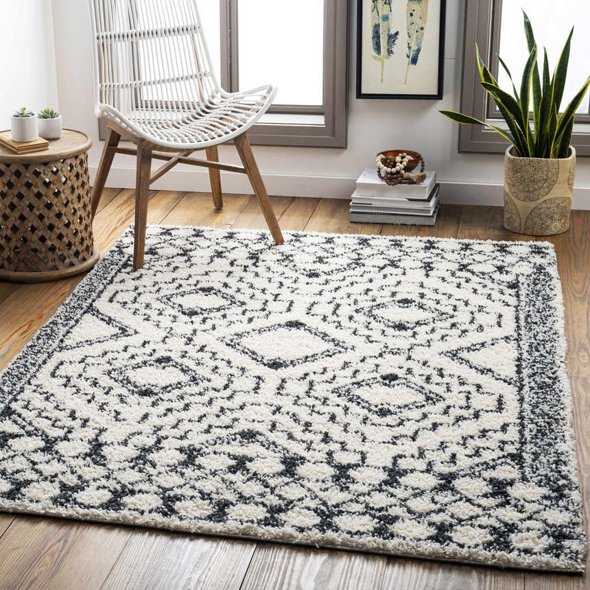 Entryway scene with a black and cream Lloydminster Area Rug, white chair, wood floors, and natural light. Roomscene-Rectangle