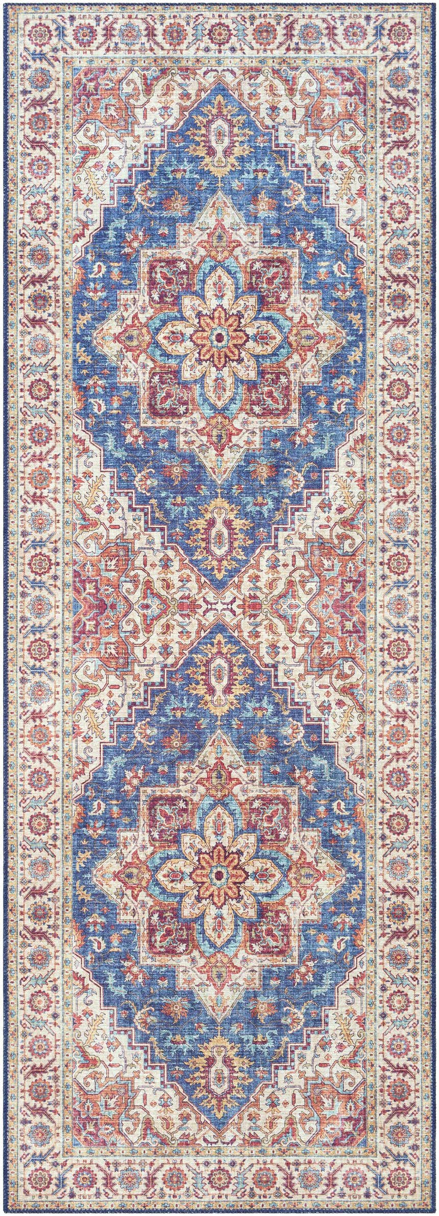 Detailed view of the Kapaa Blue Medallion Rug, featuring beige, blue, and orange traditional patterns. Design-Runner-2676