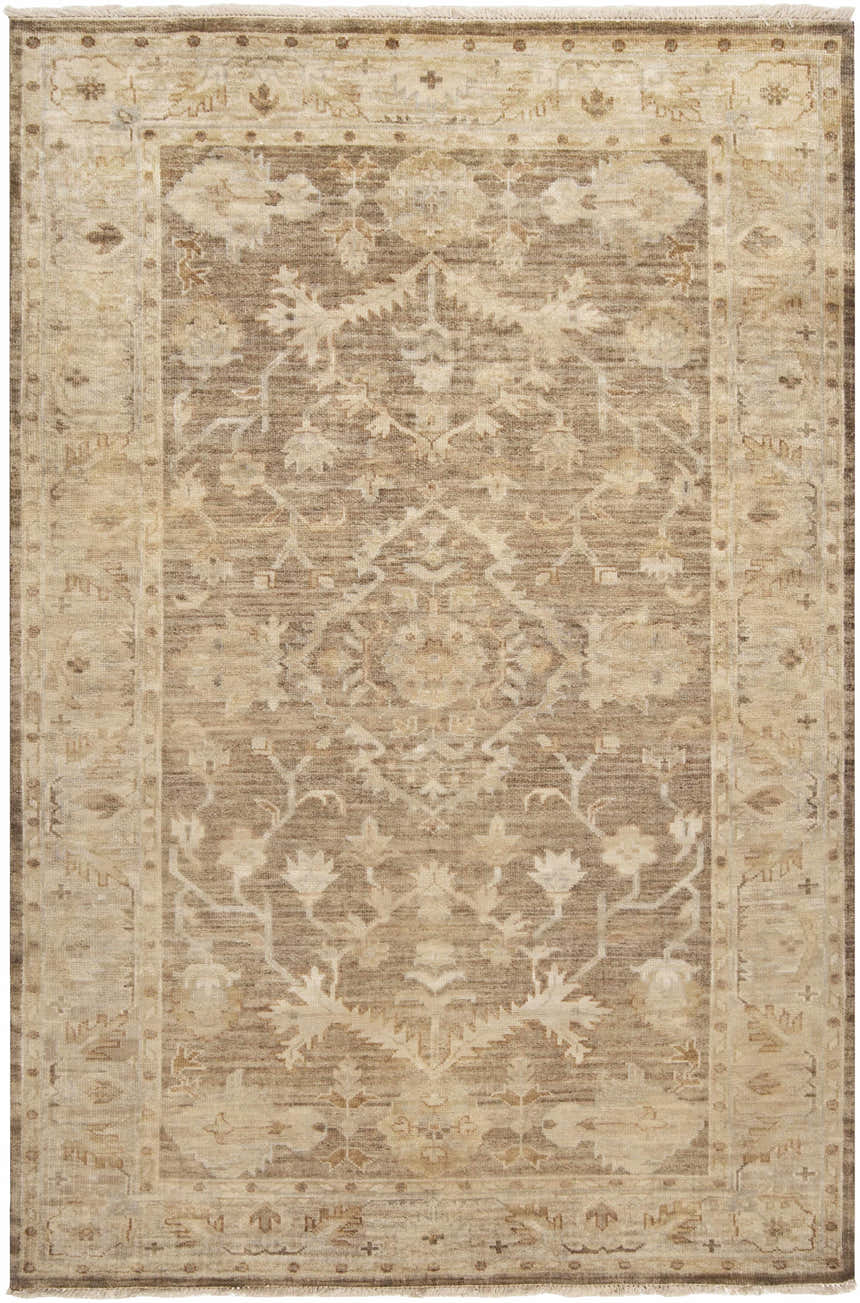 Close-up of the Lochmaben Premium Wool Rug. Hand-knotted rug in charcoal, ivory, and light brown with a traditional floral pattern. Design-Rectangle-5686