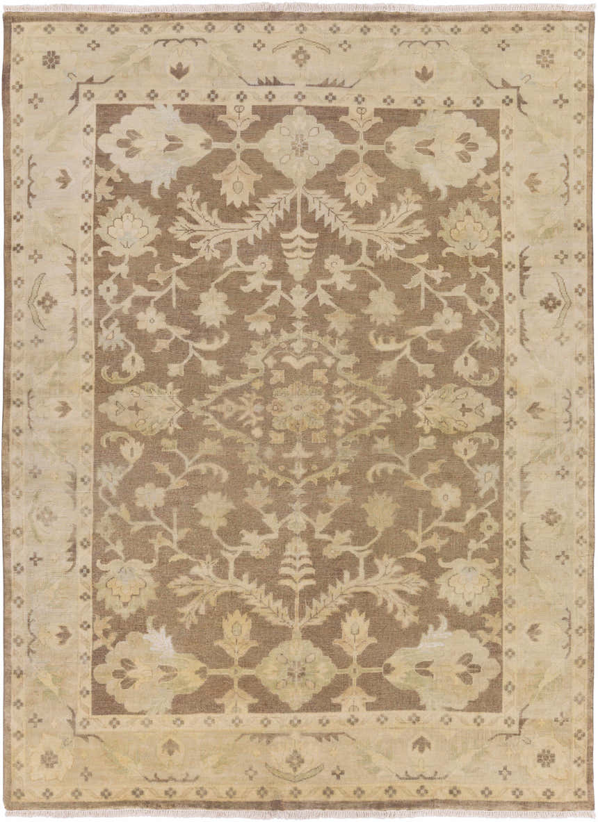 Close-up of the Lochmaben Premium Wool Rug. Hand-knotted rug in charcoal, ivory, light brown, and sage with a traditional floral pattern. Design-Rectangle-811
