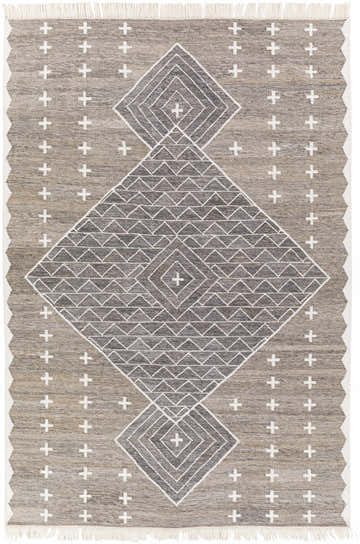 Hand woven Lodwar Area Rug. Bohemian style rug with charcoal, cream and gray diamond pattern and fringe. Design-Rectangle-576
