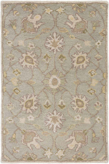 Close-up of the hand tufted Logville 1121 Area Rug. Light olive wool rug with traditional floral pattern in ivory, gray, and mauve. Design-Rectangle-23