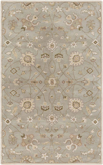 Close-up of the Logville Hand Tufted Light Olive 1121 Area Rug. Features a floral pattern in light olive, ivory, and gray. Design-Rectangle-58