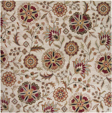 Close-up of the Longford Beige Floral Hand Tufted Wool Carpet. Features burgundy, brown, and beige flower and leaf pattern. Design-Square-8