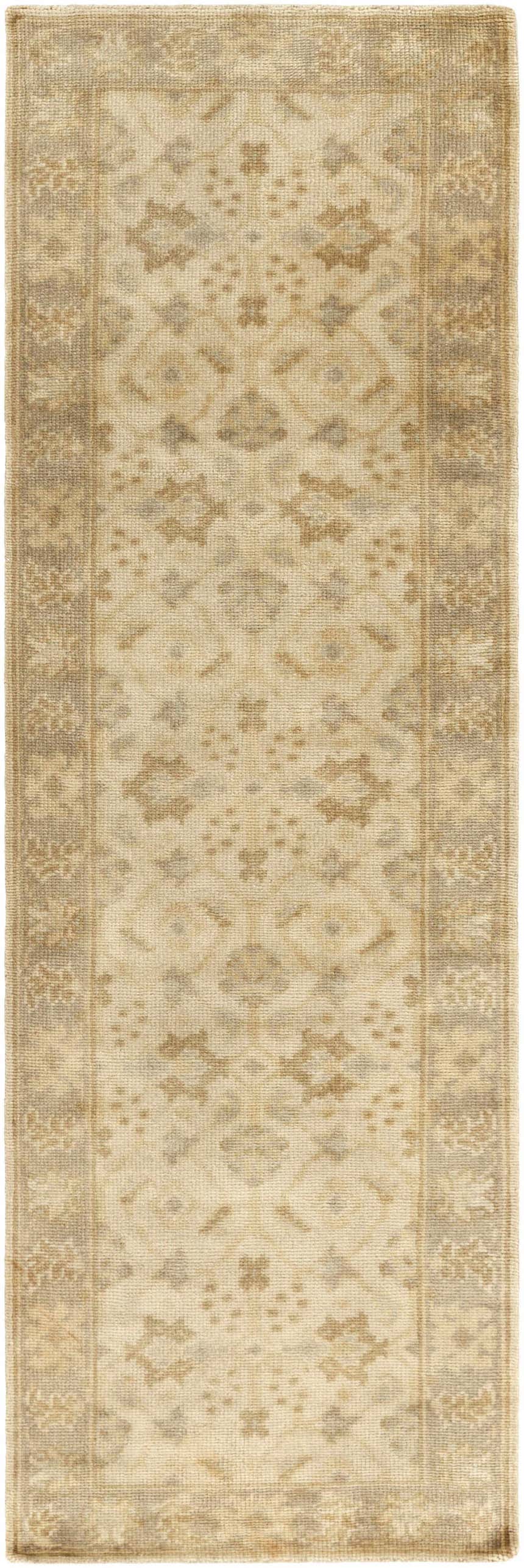 Close-up of the Longisland Clearance Rug. Hand-knotted wool rug in ice blue, light beige, and wheat tones. Farmhouse style. Design-Runner-268
