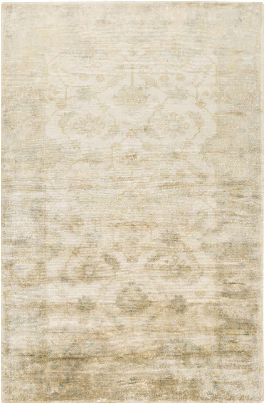 Close-up of the hand-knotted Longisland Clearance Rug. Farmhouse style with ice blue, light beige, and wheat tones. Design-Rectangle-5686