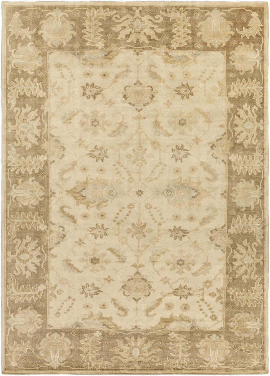Close-up of the hand-knotted Longisland Clearance Rug. Features traditional floral patterns in ice blue, light beige, and wheat tones. Design-Rectangle-811