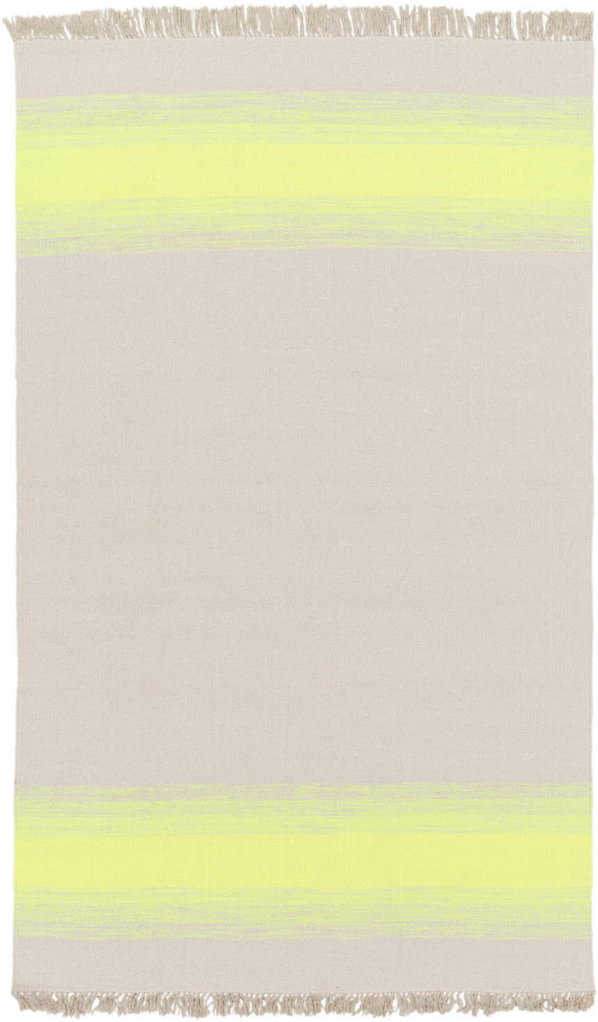 Close-up of the Louise Area Rug. Hand-woven rug with seafoam and yellow stripes and fringed edges. Design-Rectangle-58