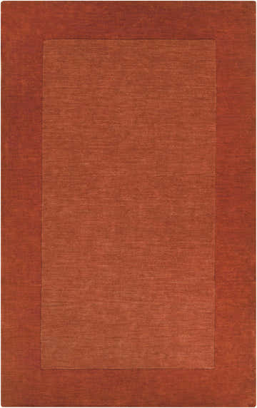 Close-up of a Bordered Solid Brick Red Wool Rug. Hand-loomed rug with rust and brick red tones. Design-Rectangle-58