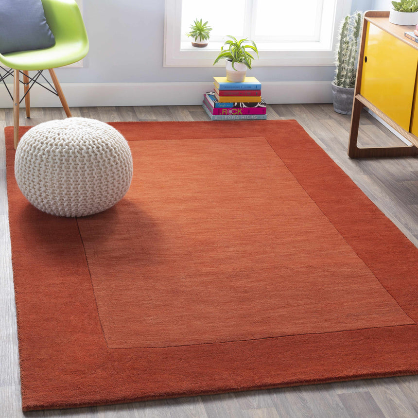 Bordered Solid Brick Red Wool Rug