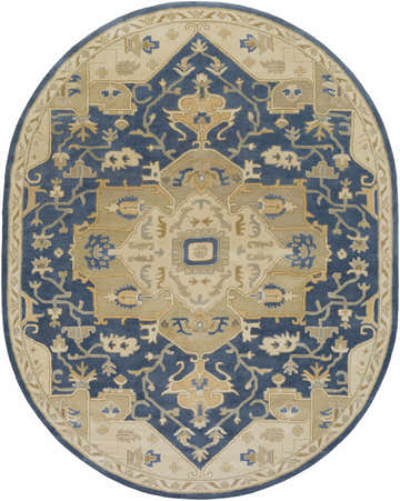 Oval Broomfield 1145 rug. Hand-tufted wool rug in blue, tan, and gray with a traditional, oriental-inspired design. Design-Oval-810