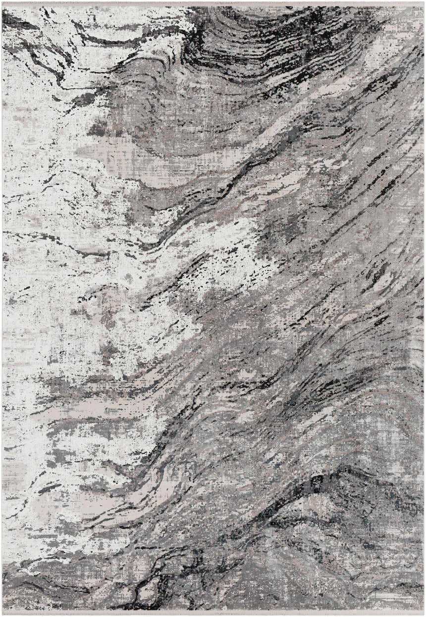 Close-up of the Littleport Luxury Fringed Faux Silk Rug in black, charcoal, gray, and light gray with a contemporary, abstract design. Design-Rectangle