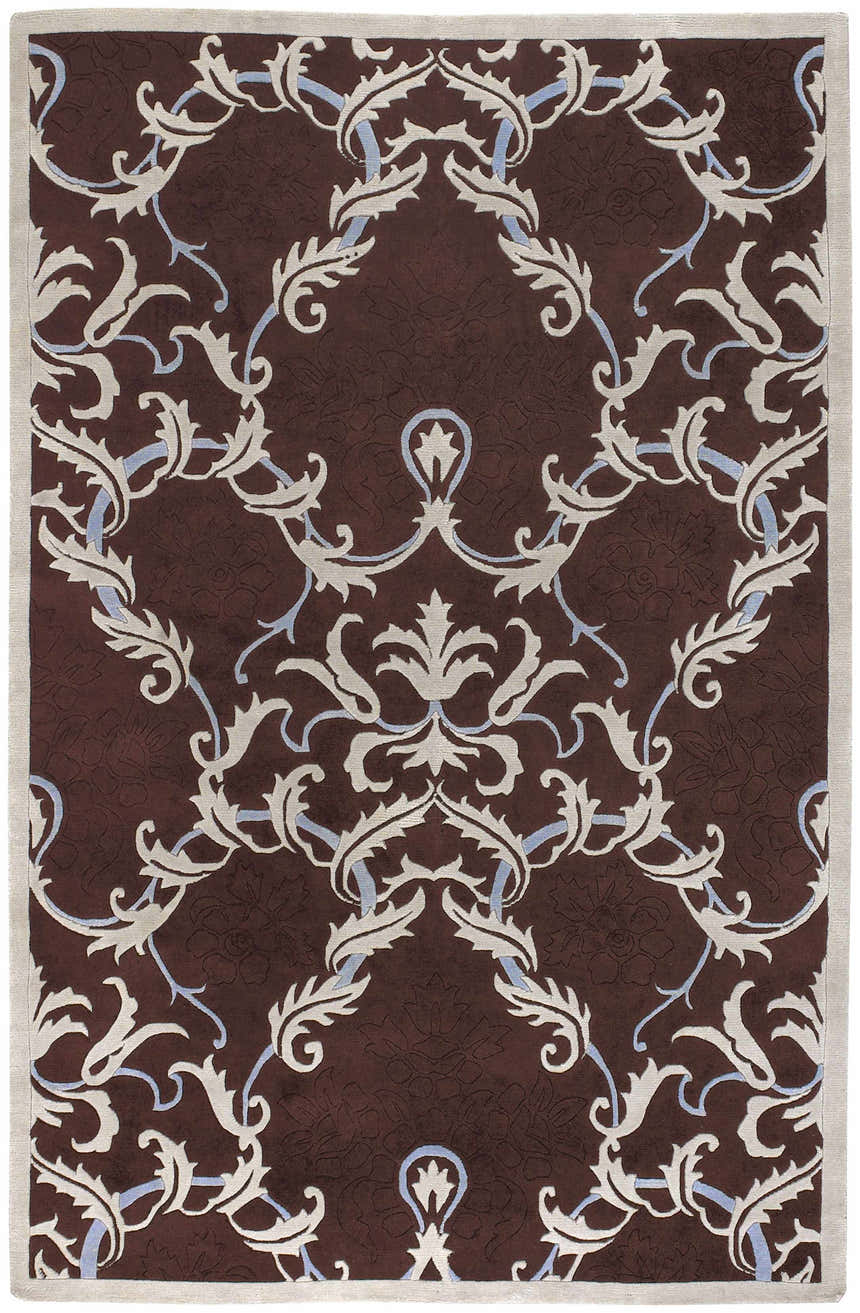 Close-up of the hand-knotted Ludlam Area Carpet. Features a brown background with silver blue and light gray floral design. Design-Rectangle-58