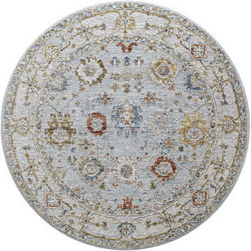 Round Luklukan Oushak Style Floral Rug with brick red, cream, denim, mustard, and olive floral pattern. Design-Round-53
