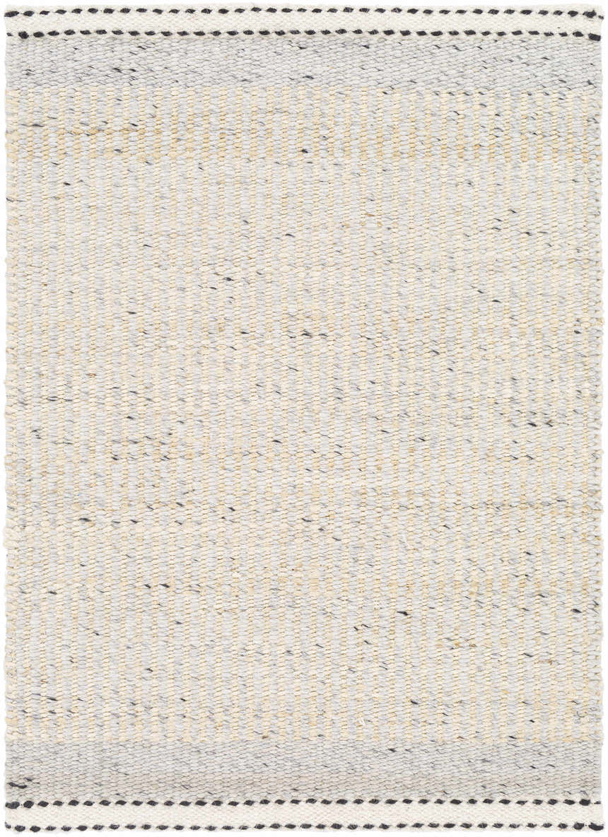 Close-up of Lumatil Area Rug: hand-woven jute and wool rug in cream, light gray, and black with a farmhouse style. Design-Rectangle-23
