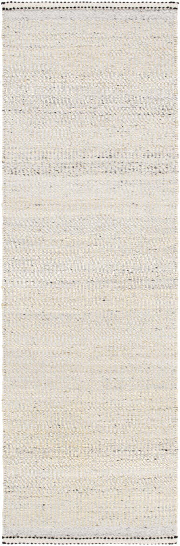 Close-up of the hand woven Lumatil Area Rug. Features black, cream, and gray jute and wool fibers. Farmhouse style. Design-Runner-268