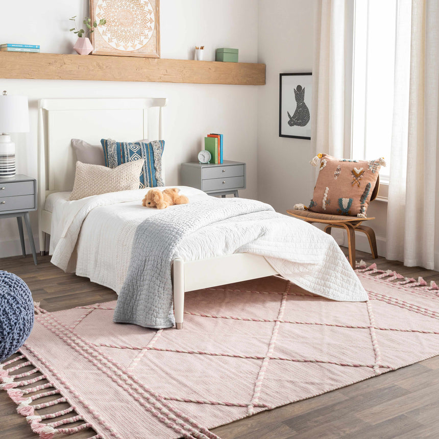 Lupton Pink Trellis Wool Rug with tassels - Clearance