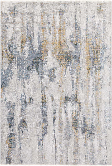 Close-up of Lurnea Luxe Fringe Rug. Abstract design with dark blue, light blue, medium gray, and mustard colors. Design-Rectangle-6796