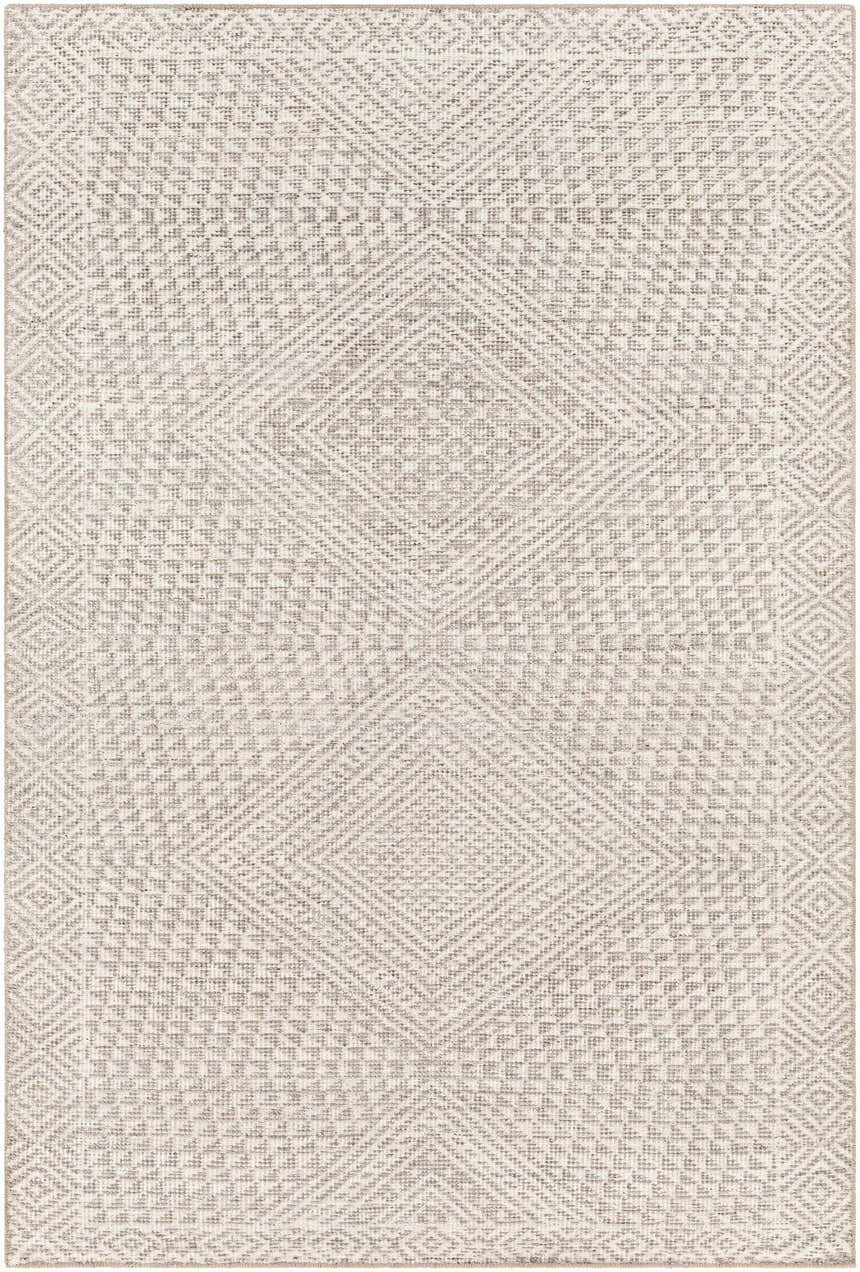 Close-up of the Lusacan Area Carpet featuring a geometric diamond pattern in charcoal, gray, and off-white hues. Design-Rectangle-576