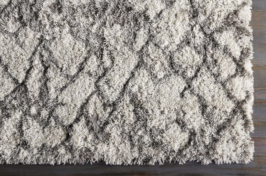 Close-up of the Lowesville Area Rug, a gray and off-white shag rug with a textured, contemporary design. Corner