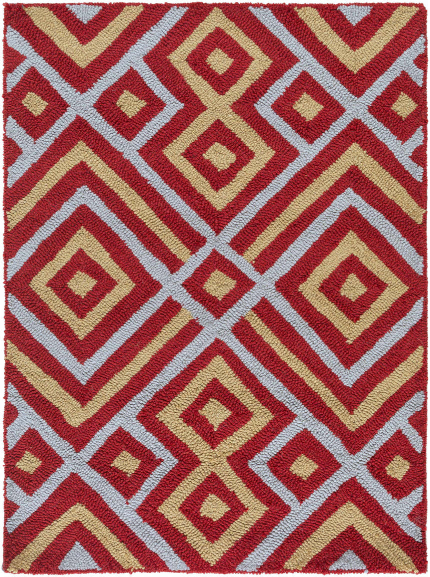 Close-up of the hand-hooked Loyalhanna Area Rug. Contemporary diamond pattern in gray, rust, and medium brown hues. Design-Rectangle