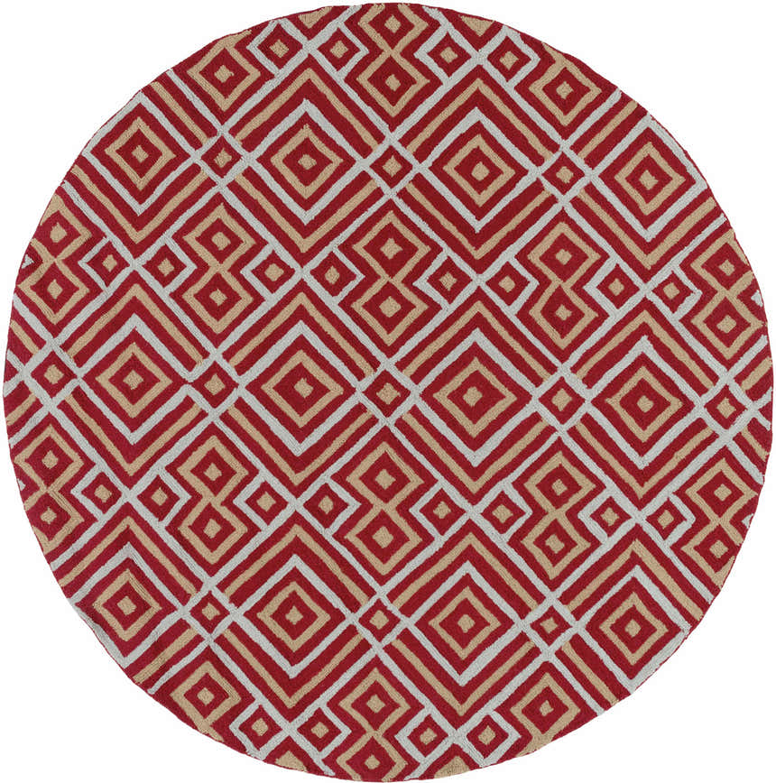 Close-up of the round Loyalhanna Area Rug. Features a geometric diamond pattern in rust, medium brown, and gray. Design-Round-6