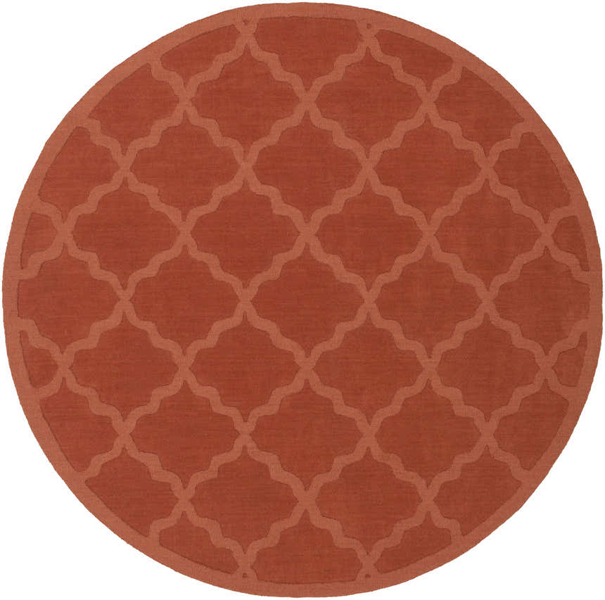 Bright orange round Lyoth Area Rug with a subtle quatrefoil pattern, hand-loomed wool. Design-Round-79