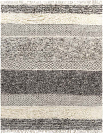 Close-up of the Elizabeth Area Rug. Hand-woven wool rug with beige, gray, and dark brown stripes and geometric patterns. Design-Rectangle-810