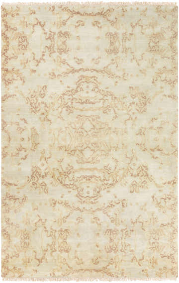 Close-up of Macclenny Area Rug. Hand-knotted wool rug in grass green with light sage and peach floral pattern. Rectangle shape. Design-Rectangle