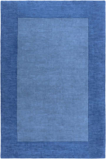 Close-up of the Macedon Blue Bordered Wool Rug, featuring a solid, two-tone blue design and hand-loomed texture. Design-Rectangle-69