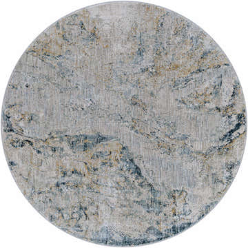 Close-up of a round Maddington Gray Marble Thick Luxe Rug featuring a marble-like pattern in gray, blue, and gold tones. Design-Round-53