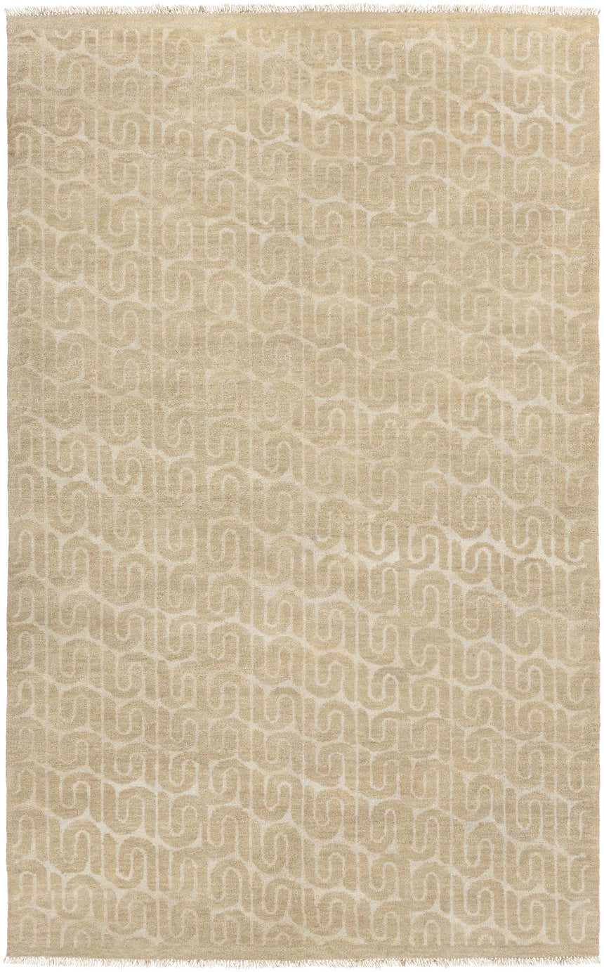 Close-up of the hand-knotted Madeley Wool Carpet Area Rug in ivory and tan with a geometric pattern. Design-Rectangle