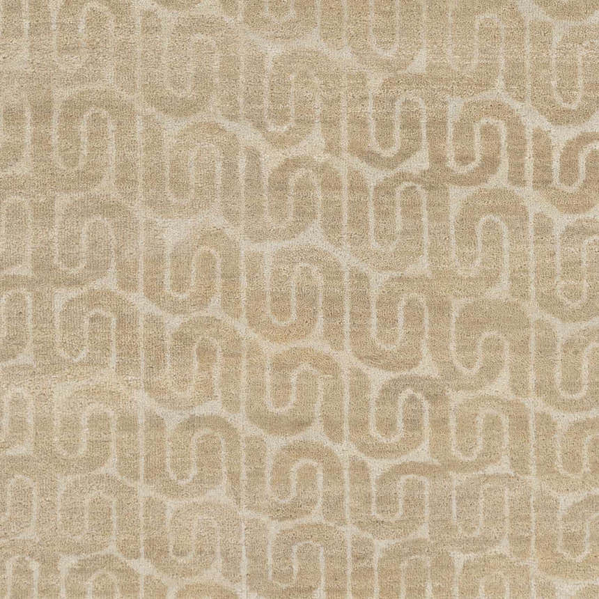Close-up of the Madeley Wool Carpet Area Rug showing the ivory and tan geometric pattern and hand-knotted texture. Swatch